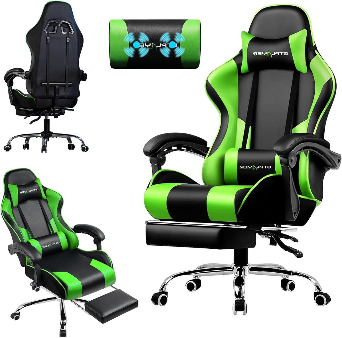 Gaming stoel - Bureaustoel met massage - Comfortabel gamen - Met voetensteun - 150 kg draaglast - Groen