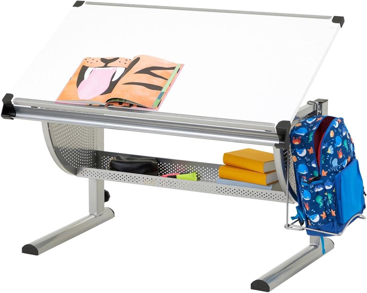 Kinderbureau - Studeertafel - Ergonomisch Werken - In Hoogte Verstelbaar - 111 x 93 cm - Wit/Aluminium