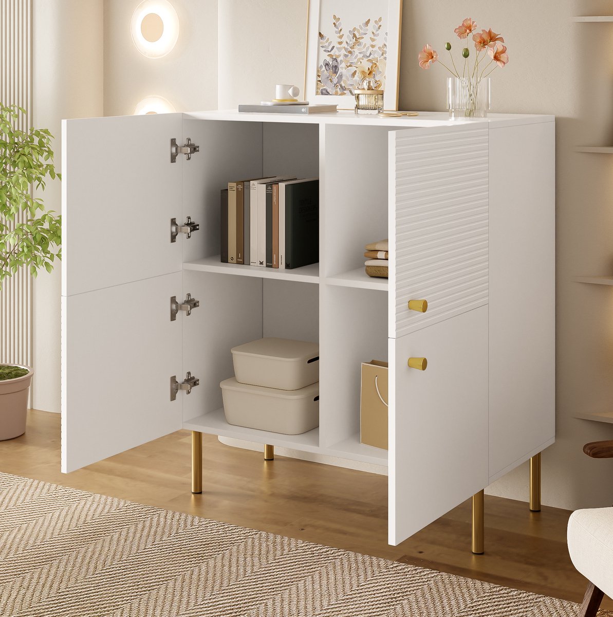 Wishdor - Dressoir - modern opbergmeubel met deuren en staalpoten - minimalistische stijl voor woonkamer, slaapkamer of hal - bewerkt hout - wit - 80 x 36 x 90 cm