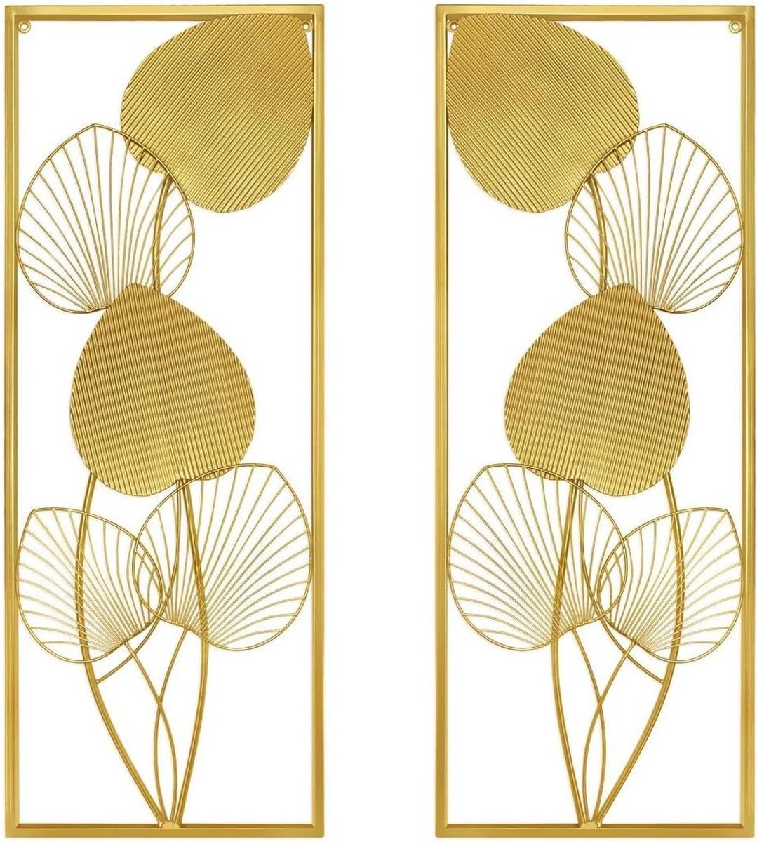 Metalen Bladeren Decoratie - Wandsculptuur Set - Woonkamer Verfraaien - Golfd Waaiervorm - 81 x 30 cm - Goudkleurig