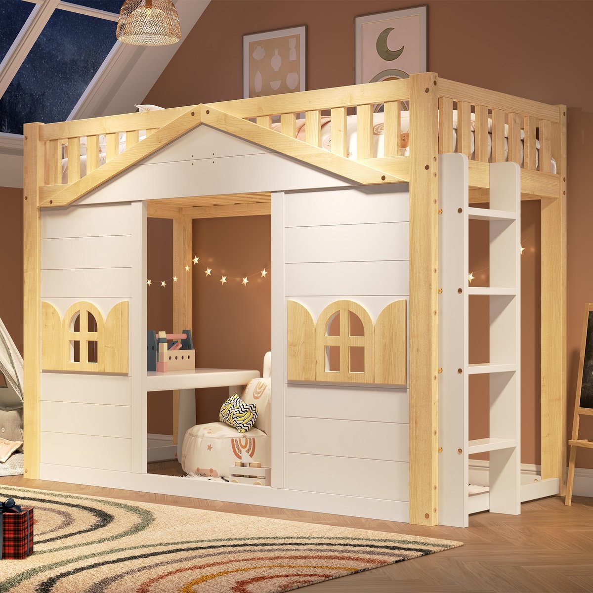 PHOEBE CAT Hoogslaper - 90 x 200 cm - Kinderbed - Huisvorm - Wit + Naturel (zonder bureau)