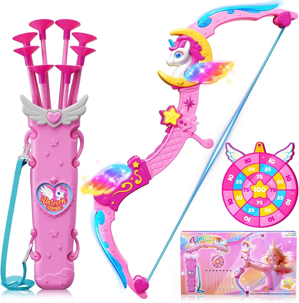 SnelShoppen - Unicorn Speelgoed voor Meisjes 3-12 Jaar, Magische Boog met 6 Lichten, Droom Koker & Prinsessen Doel, 8 Roze Pijlen, Perfect Cadeau voor