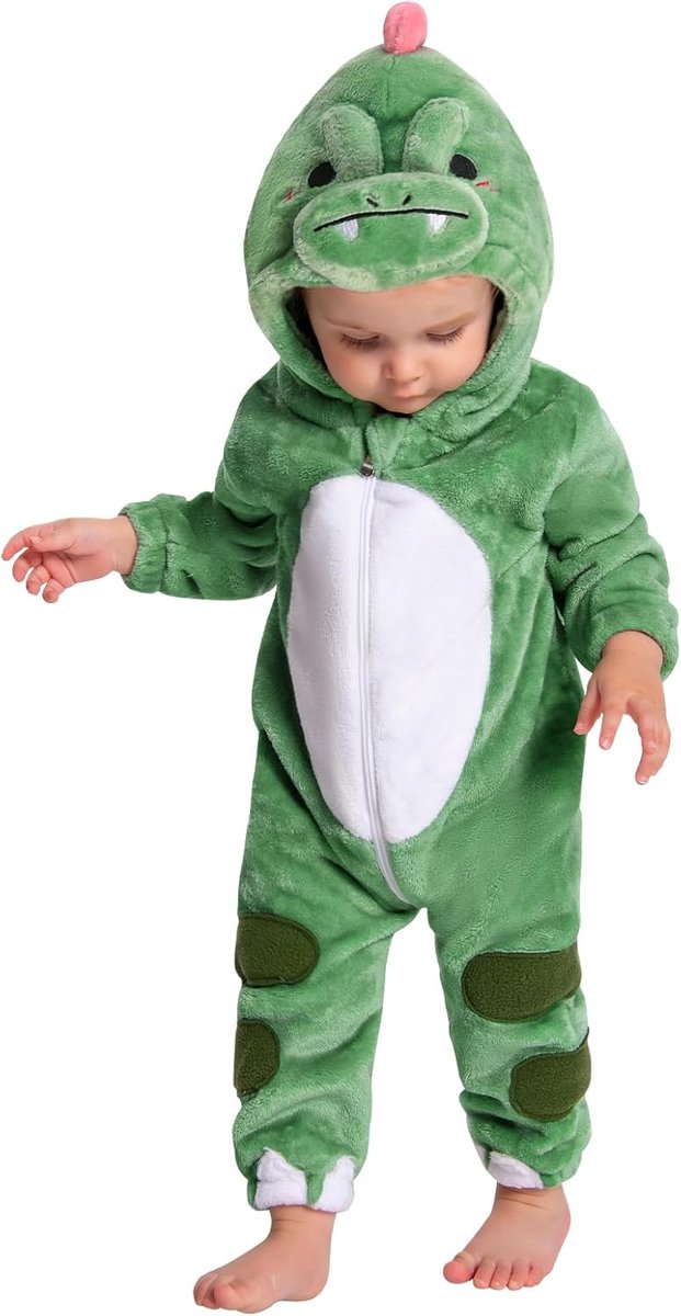 SnelShoppen - Unisex Baby Romper met Kap, Zachte Flanel Pyjama, Dieren Kostuum, Cartoon Overalls voor Baby's, Dinosaurussen, 12-18 Maanden