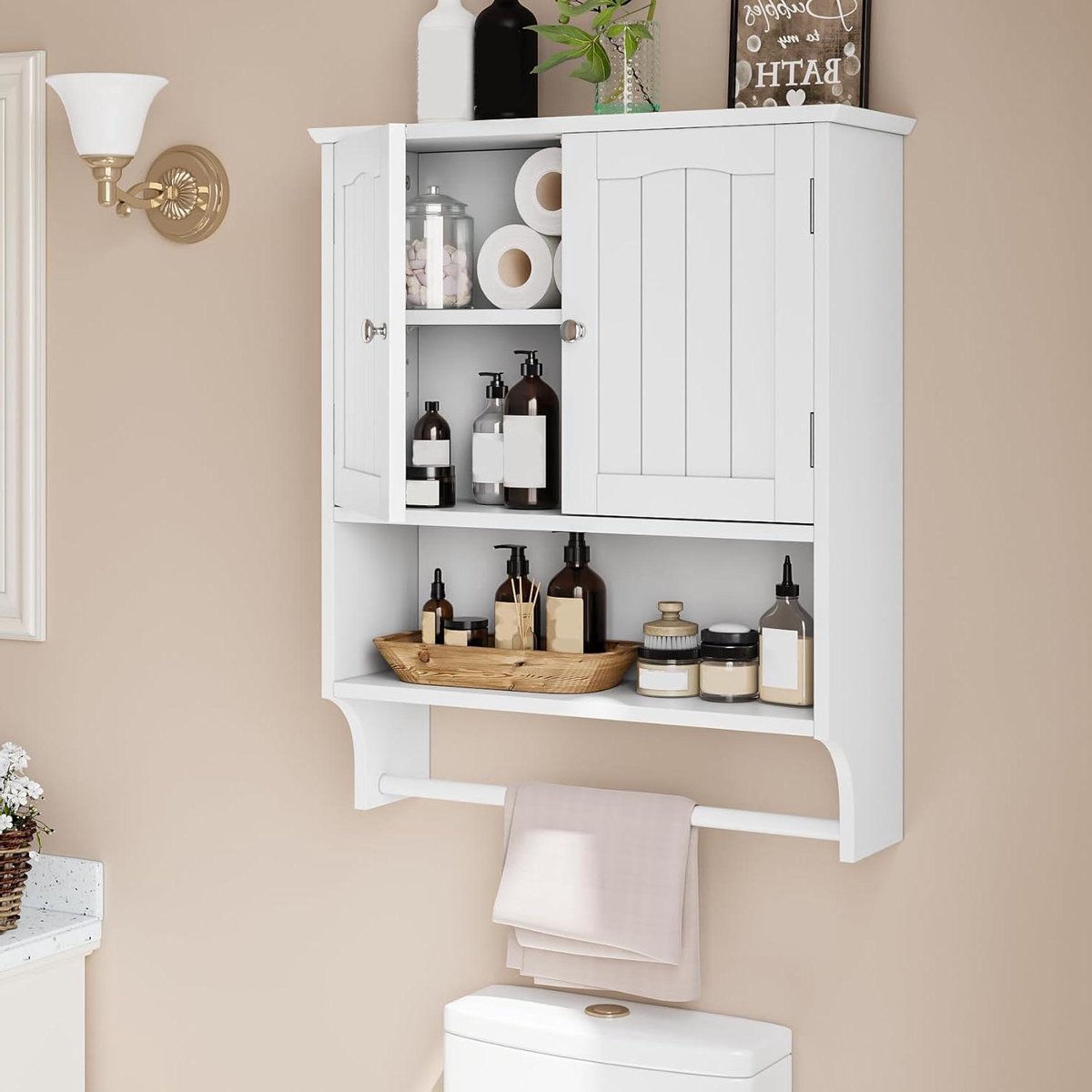 Houten badkamerkast - Opbergkast wandmontage - Ruimte besparen - Verstelbare legplanken - 60 cm hoog - Wit