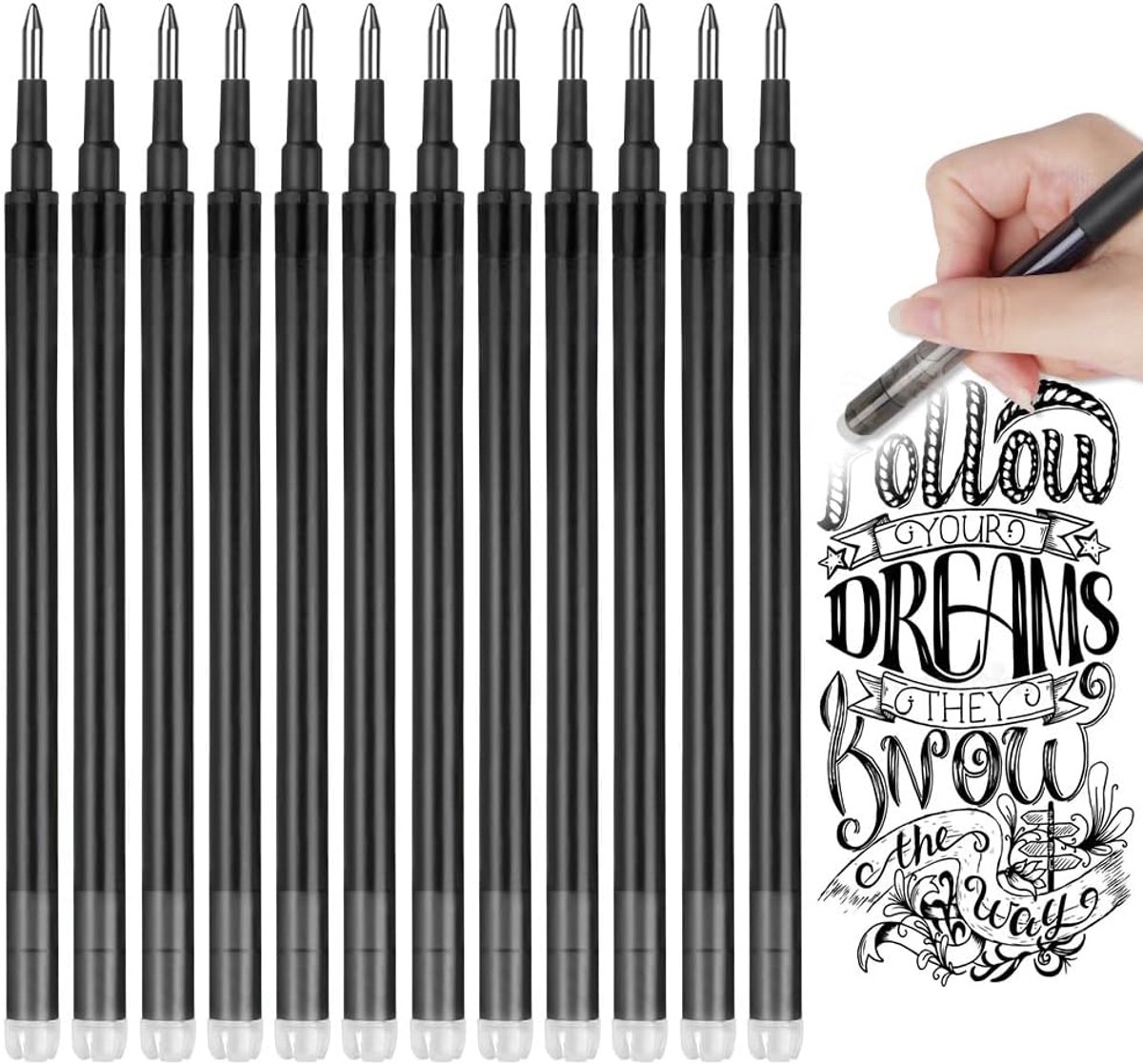 SnelShoppen - 12 Pack Erasable Gel Pen Refill 0.7mm Rollerball Vervangingen, Zwarte Inkt, Ideaal voor School, Kantoor en Creatieve Projecten