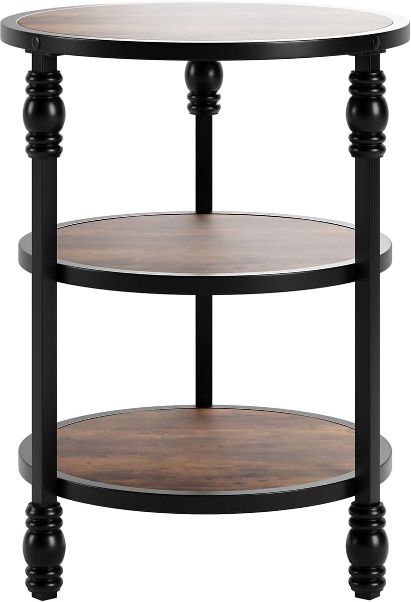 Ronde Industriële Bijzettafel met 3 Niveaus - Landelijke Salontafel & Telefoontafel - Hout en Metaal met Romeinse Zuilenpoot - Vintage Nachtkastje voor Woonkamer & Slaapkamer - Ø 45 x 60 cm