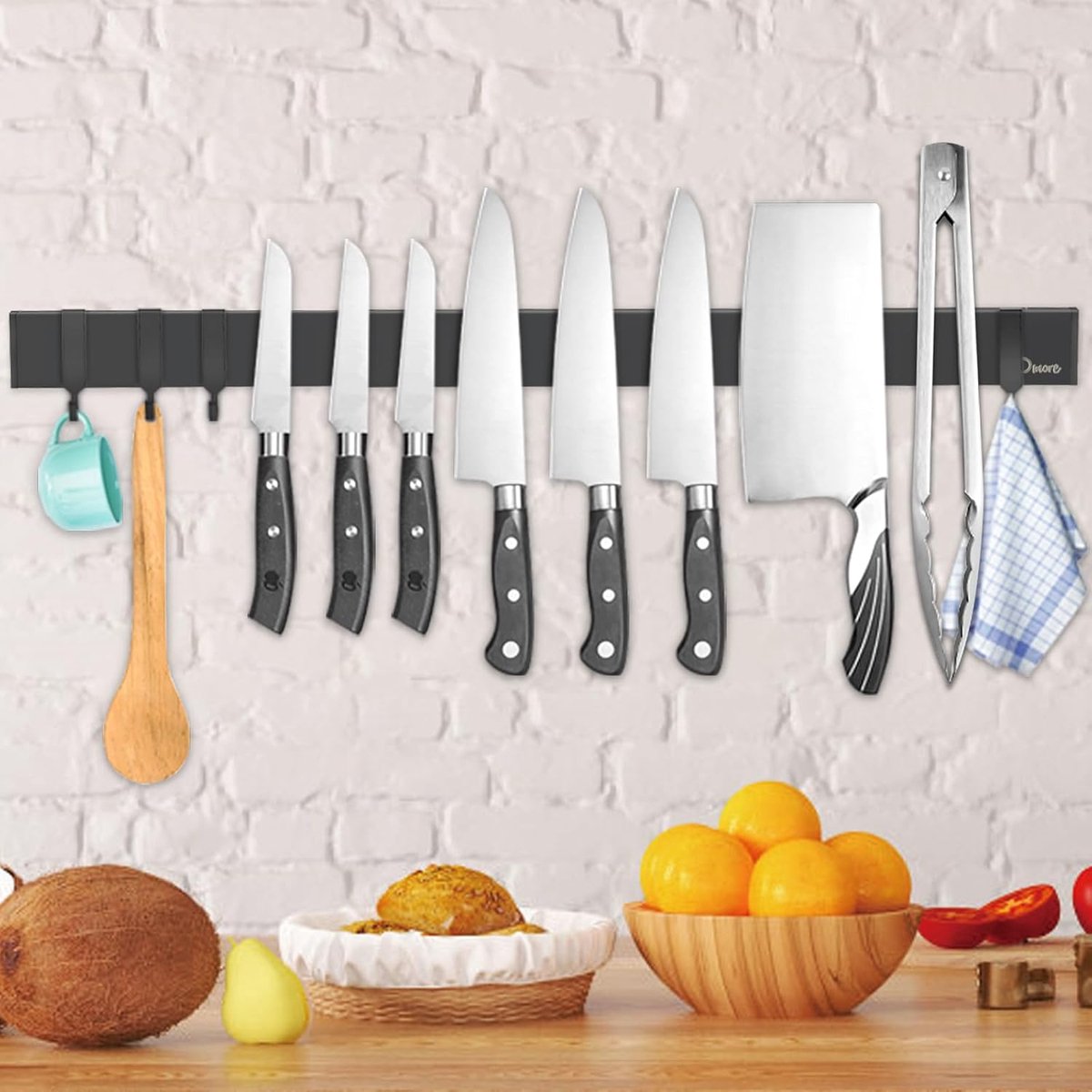 SnelShoppen - 59 cm Magnetische Messenhouder met 4 Haakjes, Zwart, Geen Boren, Inclusief Klevend Tape en Schroeven voor Messen, Keuken, Garage, Gereed