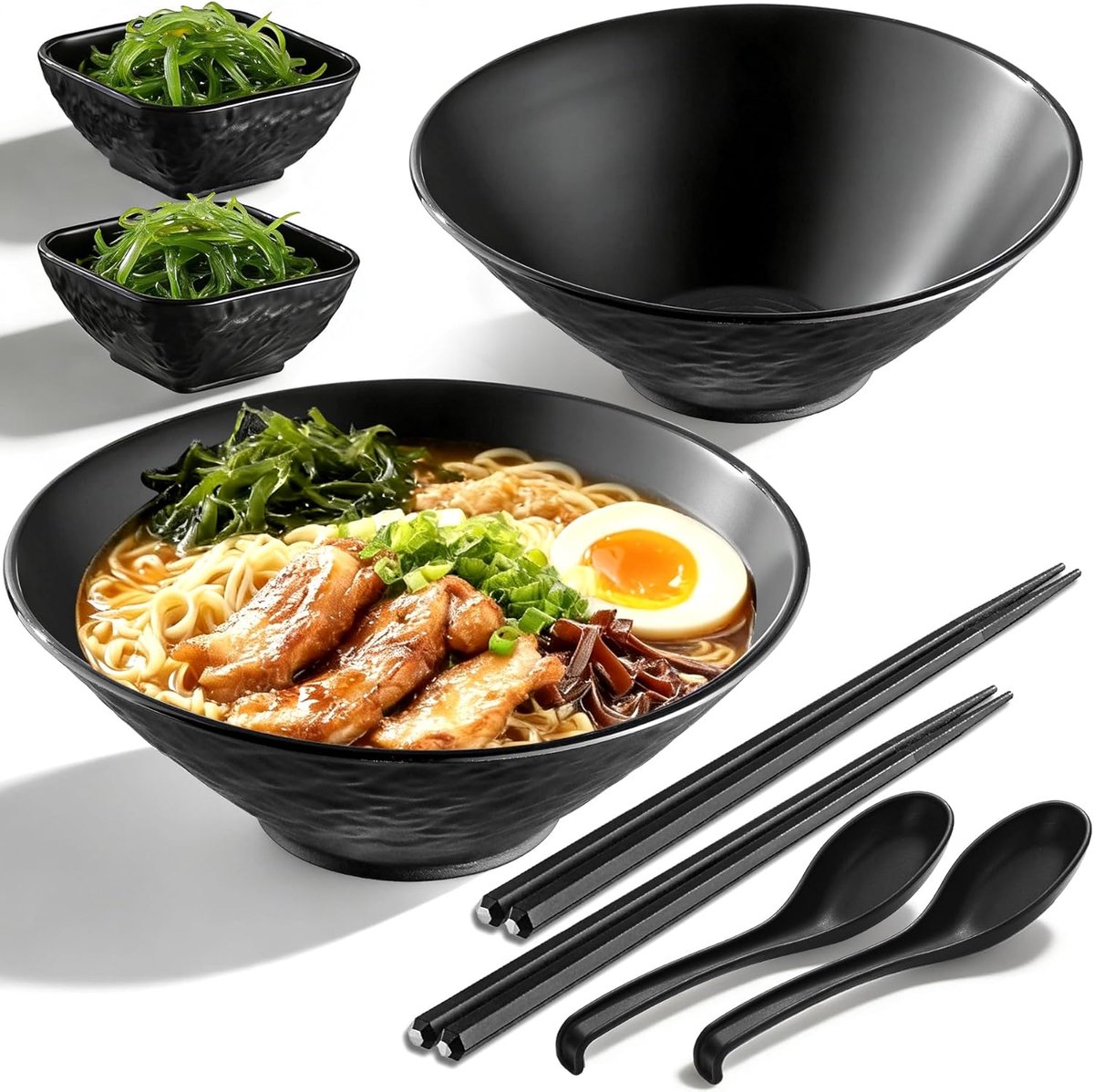 SnelShoppen - Ramen Bowl Set 40oz - 2 grote shatterproof ramenkommen met dipkommen, eetstokjes en lepels - Perfect voor Aziatische pho, soep, miso, ud
