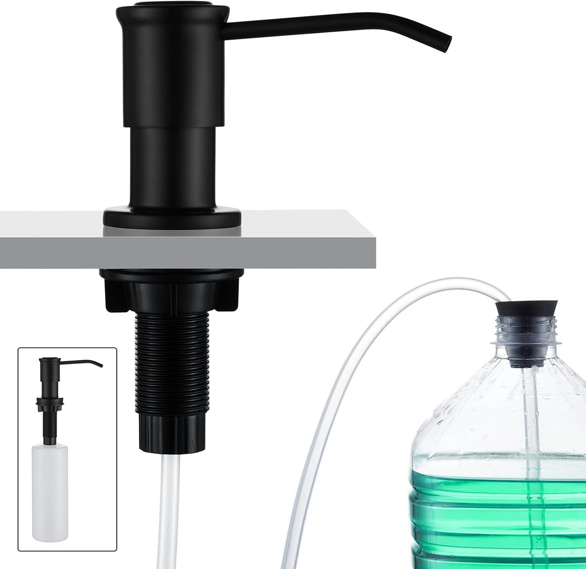 SnelShoppen - Moderne Keuken Zeepdispenser Ingebouwd, Vaatwasmiddel Dispenser Flush-Mounted met 500ml Fles en 1m Verlengslang, Zwart RVS en PE Plastic