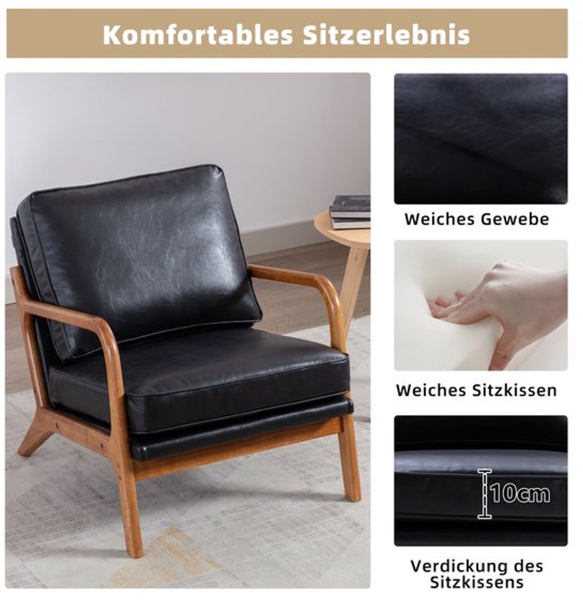 Lounge Fauteuil Zwart – Lounge Stoel – Fauteuil – Relaxstoel – Tuinstoel – Houten Frame – 