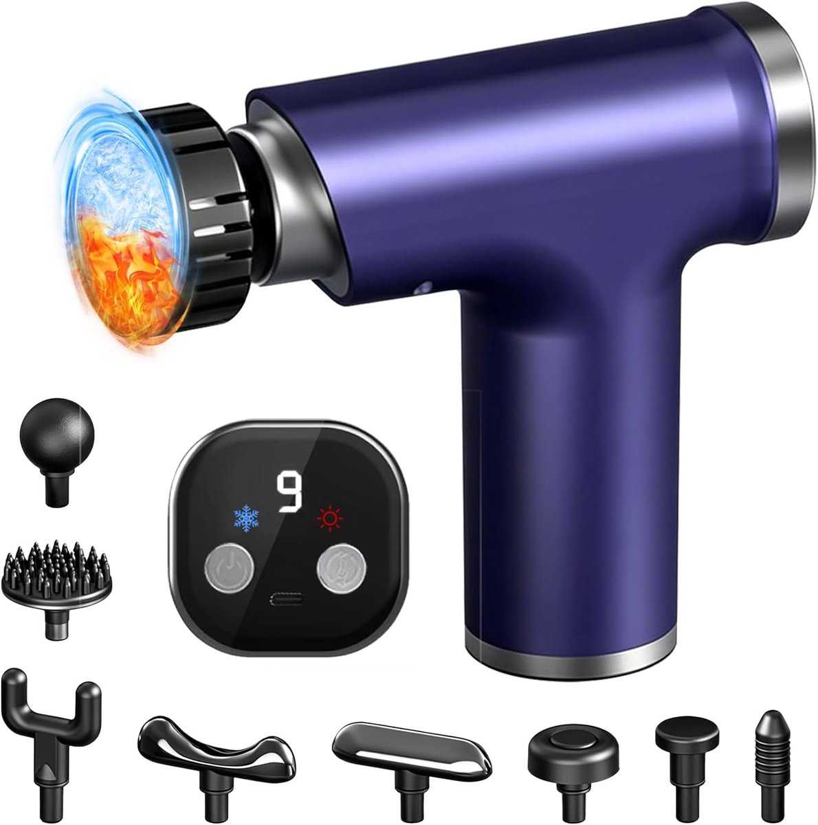 SnelShoppen - Lichaamsmassageapparaat met warmte- en koudefunctie, massagepistool, 9 massagekoppen, 9 intensiteitsniveaus, diepe weefseltherapie voor