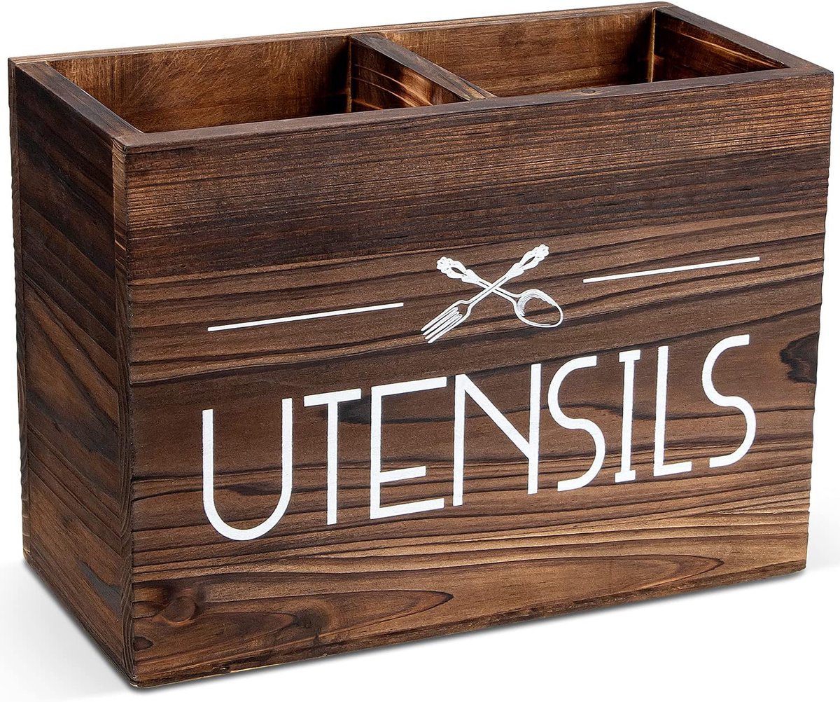 SnelShoppen - Houten Kookgerei Organizer - Keukenhouder met 2 Compartimenten - Rustic Decor voor Boerderij Keuken - Bruin - Perfect voor Kookgerei en