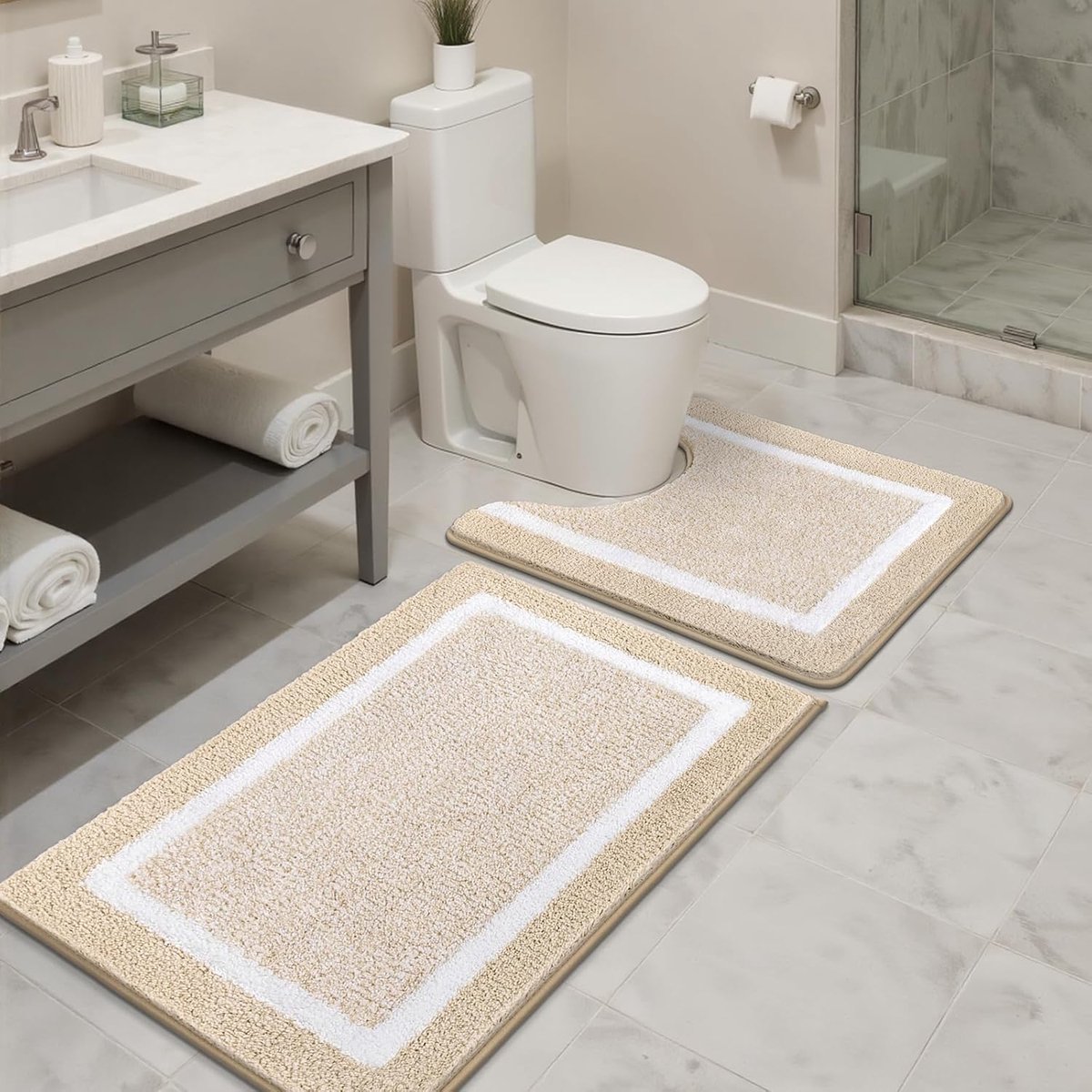 SnelShoppen - Non-Slip Badmat Set Microfiber, Ultra Zacht en Sneldrogend, 3-delig Beige, 45 x 65 cm + 50 x 60 cm, Geschikt voor Douche of Bad