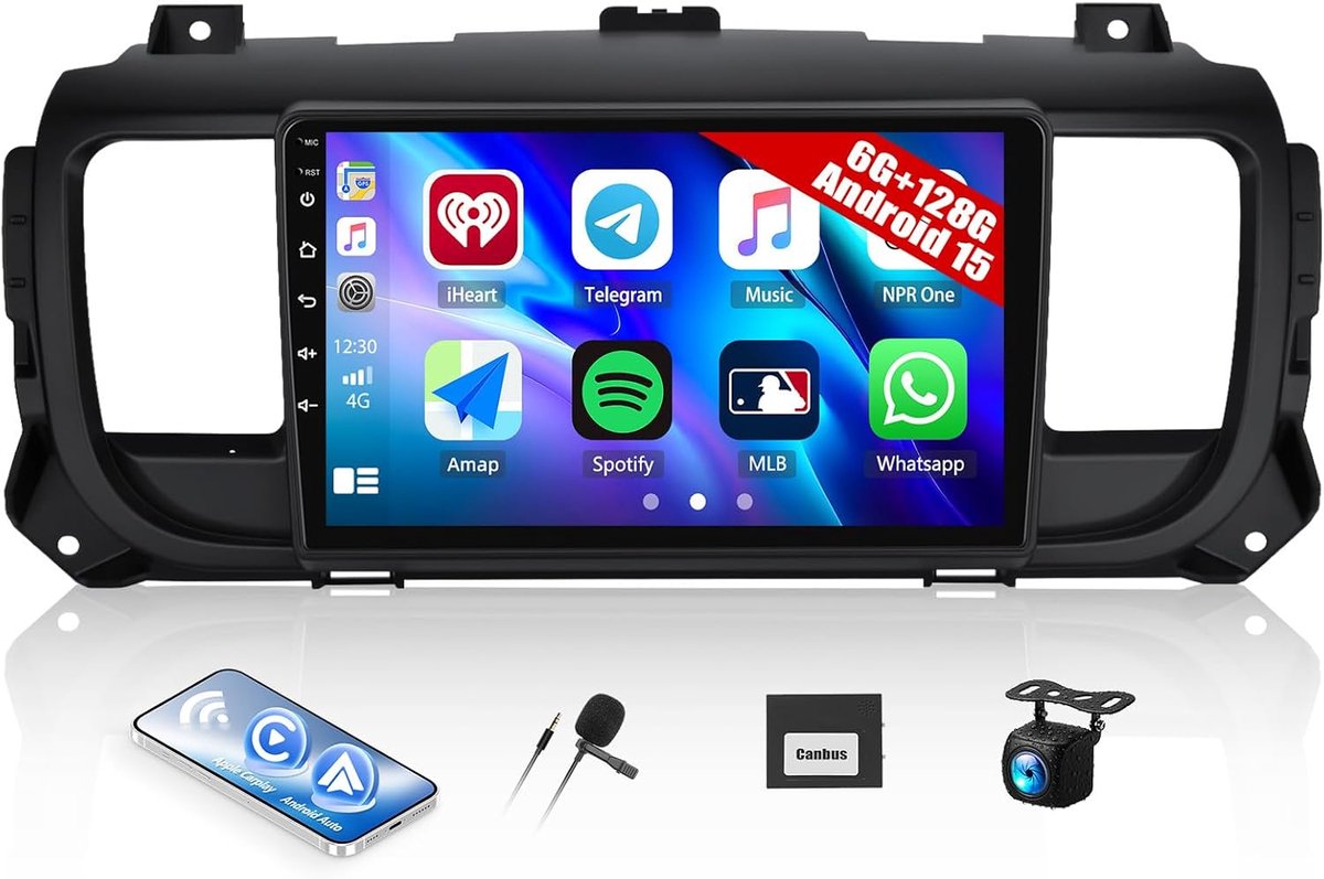 SnelShoppen - 9-Inch 2-DIN Android Auto Car Radio met 6GB RAM, 128GB Opslag, GPS, Bluetooth, FM/RDS en Camera voor Citroën Jumpy 3/Peugeot Expert/Toyo