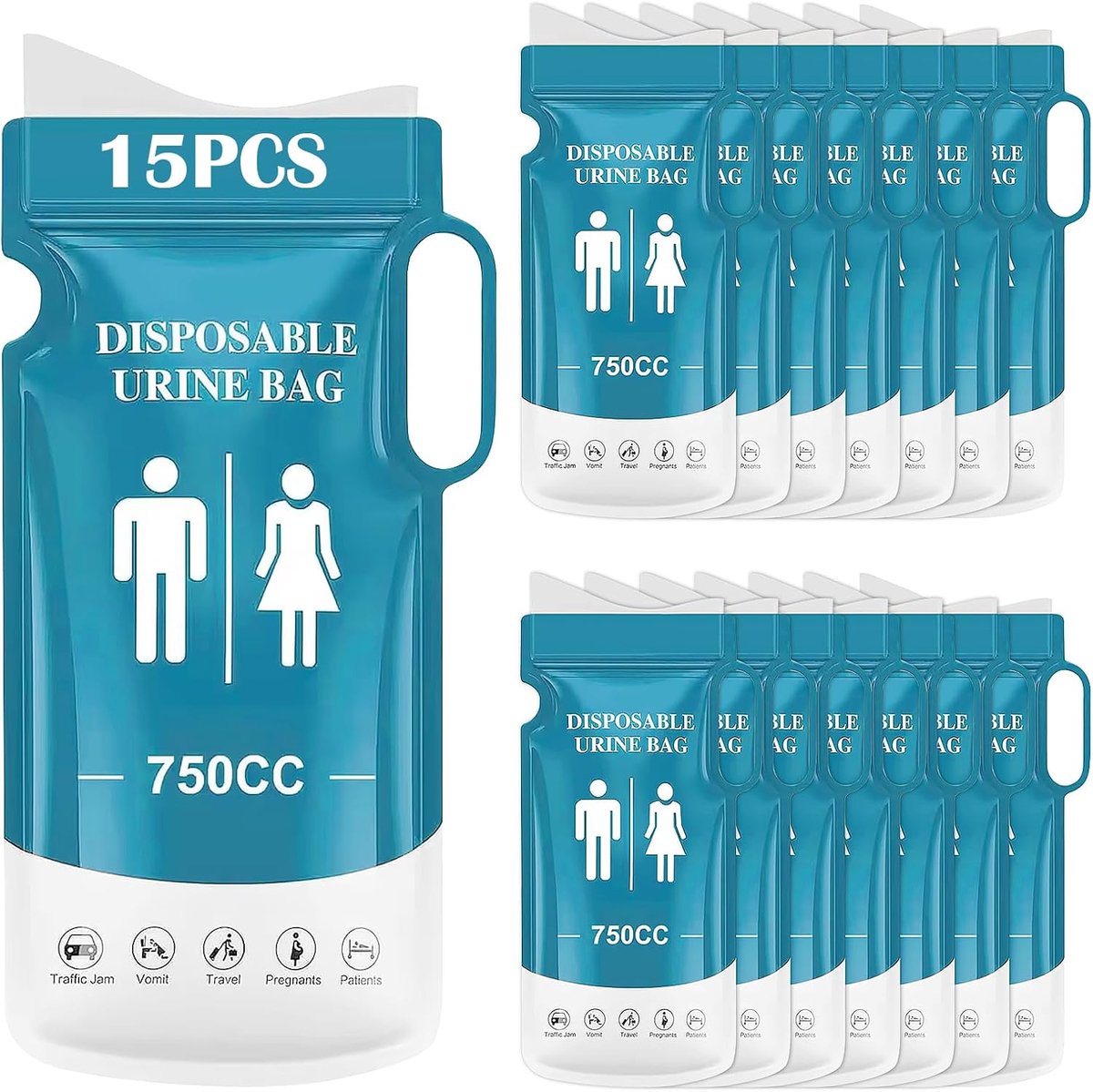 SnelShoppen - 15x Urinezakken 750 ml voor Camping, Reis, Noodtoilet - Disposables met Handvat voor Mannen, Vrouwen en Kinderen - Compact en Praktisch