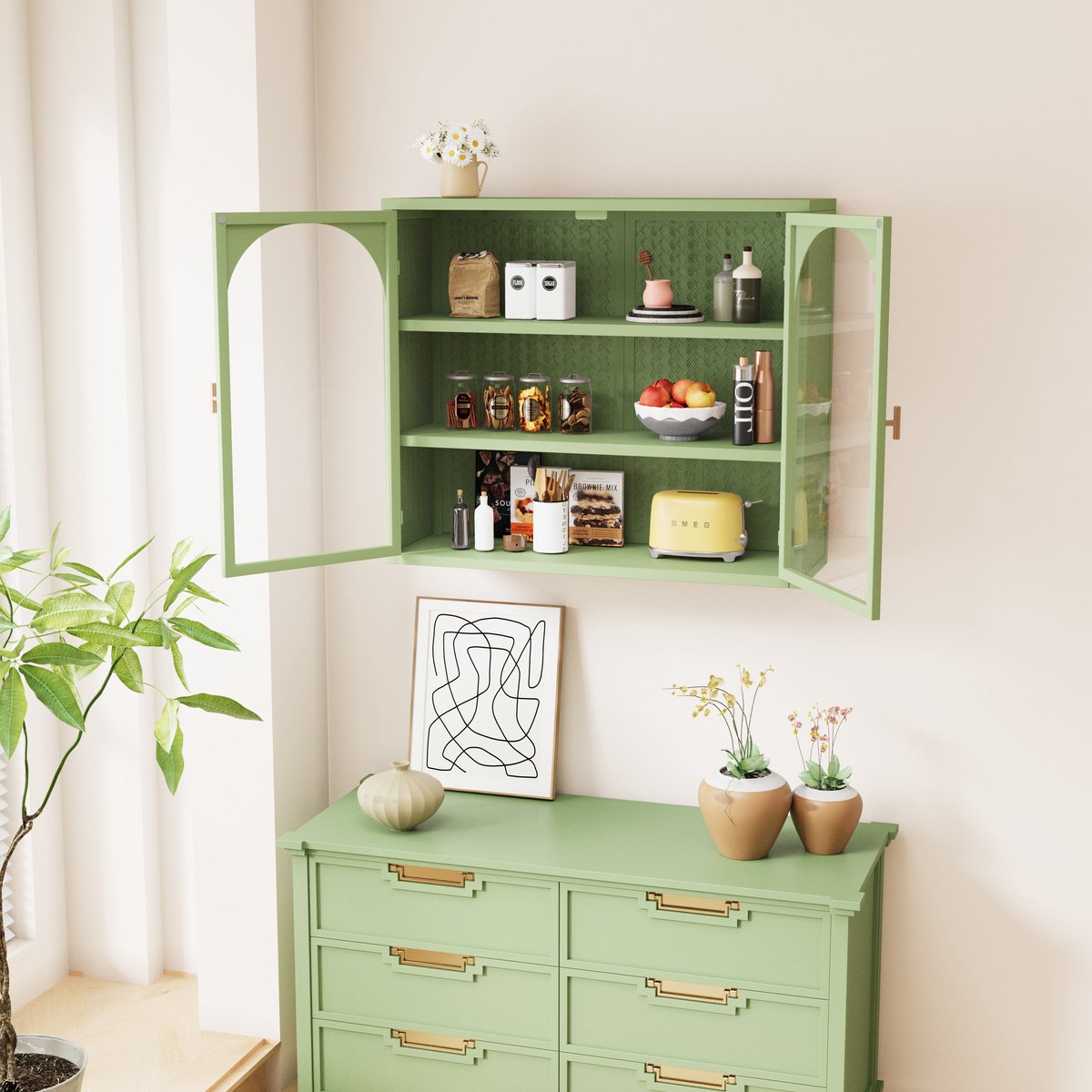 Wishdor - Wandkast - Glasdeuren - 3-laags opbergruimte - Modern design - Voor hal woonkamer of badkamer - Metaal en gehard glas - Groen - 70 x 23 x 60 cm