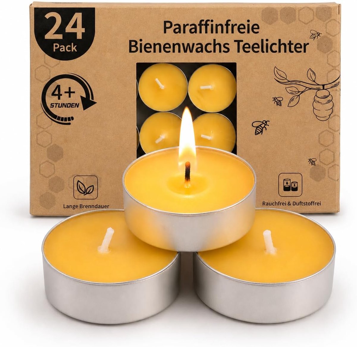SnelShoppen - 24 Stuks Bijenwas Theelichten - Natuurlijke Organische Geurkaarsen - Rookvrij en Schoon Brandend - Meer dan 4 Uur Brandtijd - Perfect vo