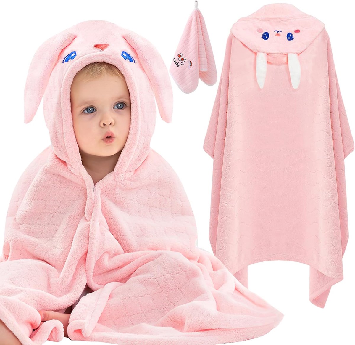 SnelShoppen - Baby Handdoek met Kap, Badhanddoek Set 80 x 120 cm, Super Absorberend Baby Badcape, Kaphanddoek en 25 x 50 cm Handdoeken voor Kinderen,