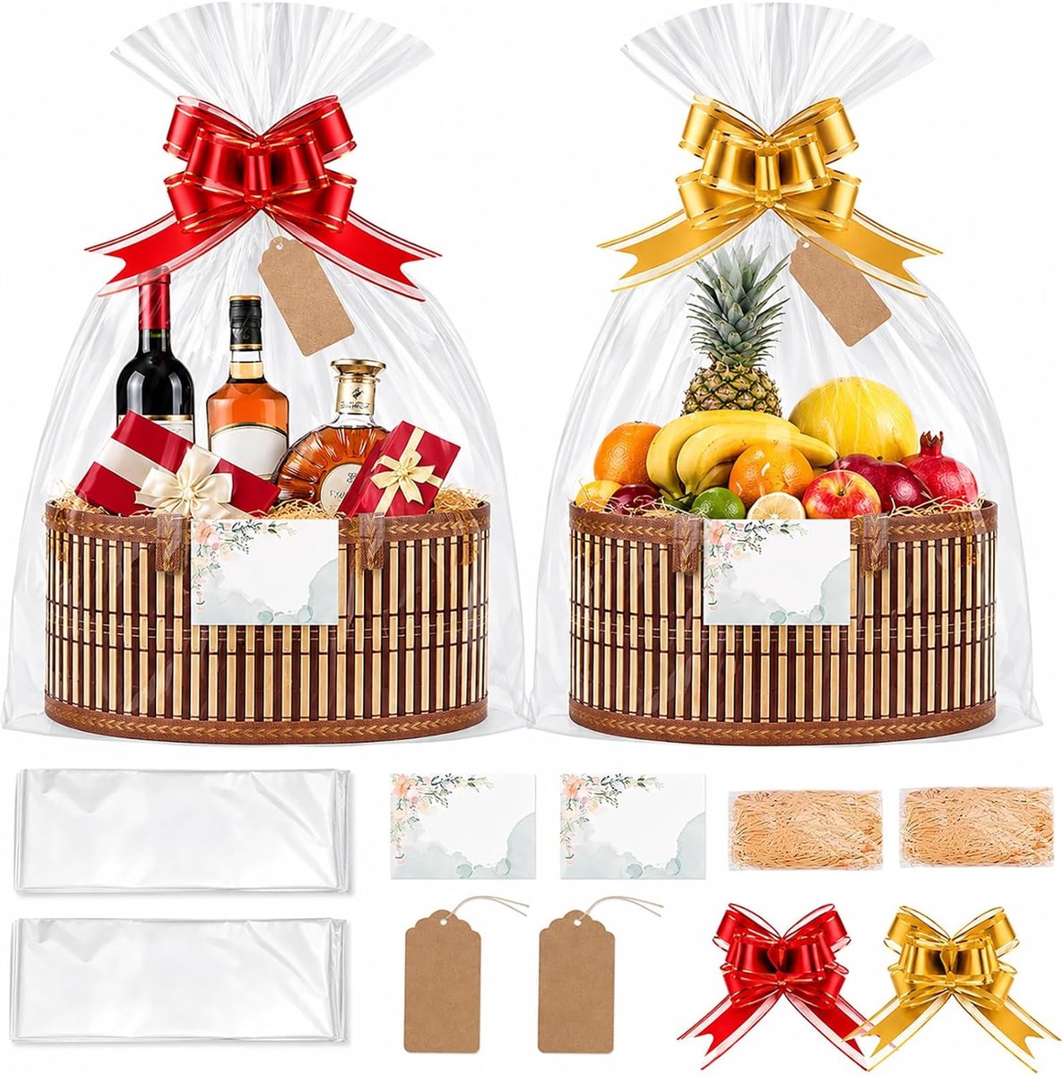 SnelShoppen - Set van 2 Bamboe Geschenkmanden Bruin met Strik, Transparante Folie, Wenskaarten, Vulmateriaal, 30x20x15 cm voor Feestjes, Cadeaus, Gesc