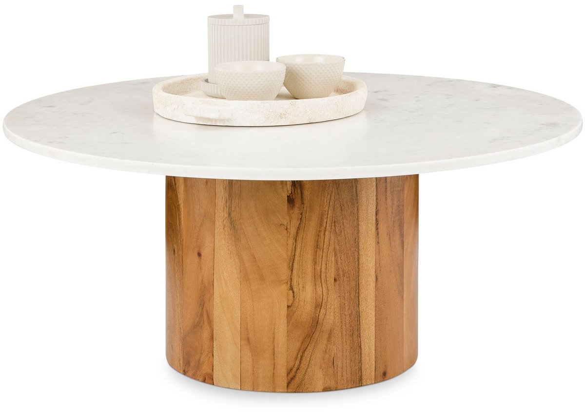 Salontafel GANGA, rond, 80 cm, met marmeren tafelblad – wit/naturel