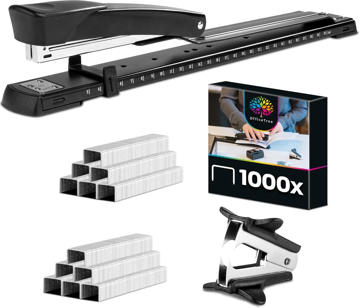SnelShoppen - Long Arm Stapler voor A3 Papier en Brochures, Inclusief 500 Staples en Staple Verwijderaar, Zwart, Ideaal voor Kantoor en Thuisgebruik