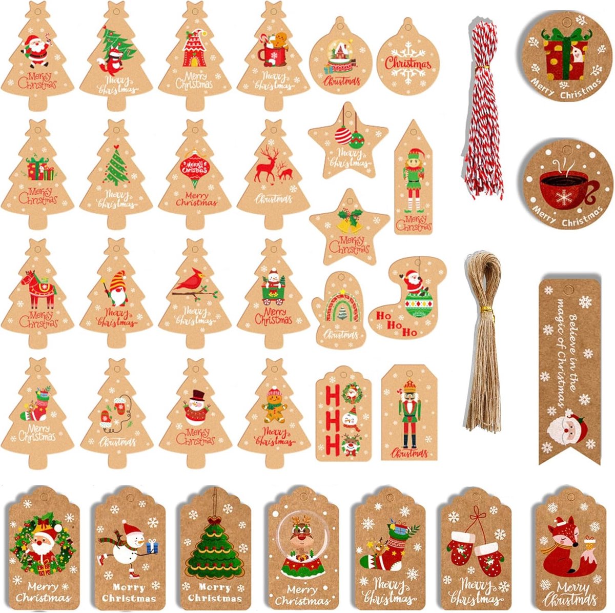 SnelShoppen - Kraft Papier Labels Set van 150, 35 Ontwerpen, Cadeautags, 100 Jute Touw Labels en 50 Rood-Witte Touw voor Kerstdecoratie, 7 x 4 cm/7.5