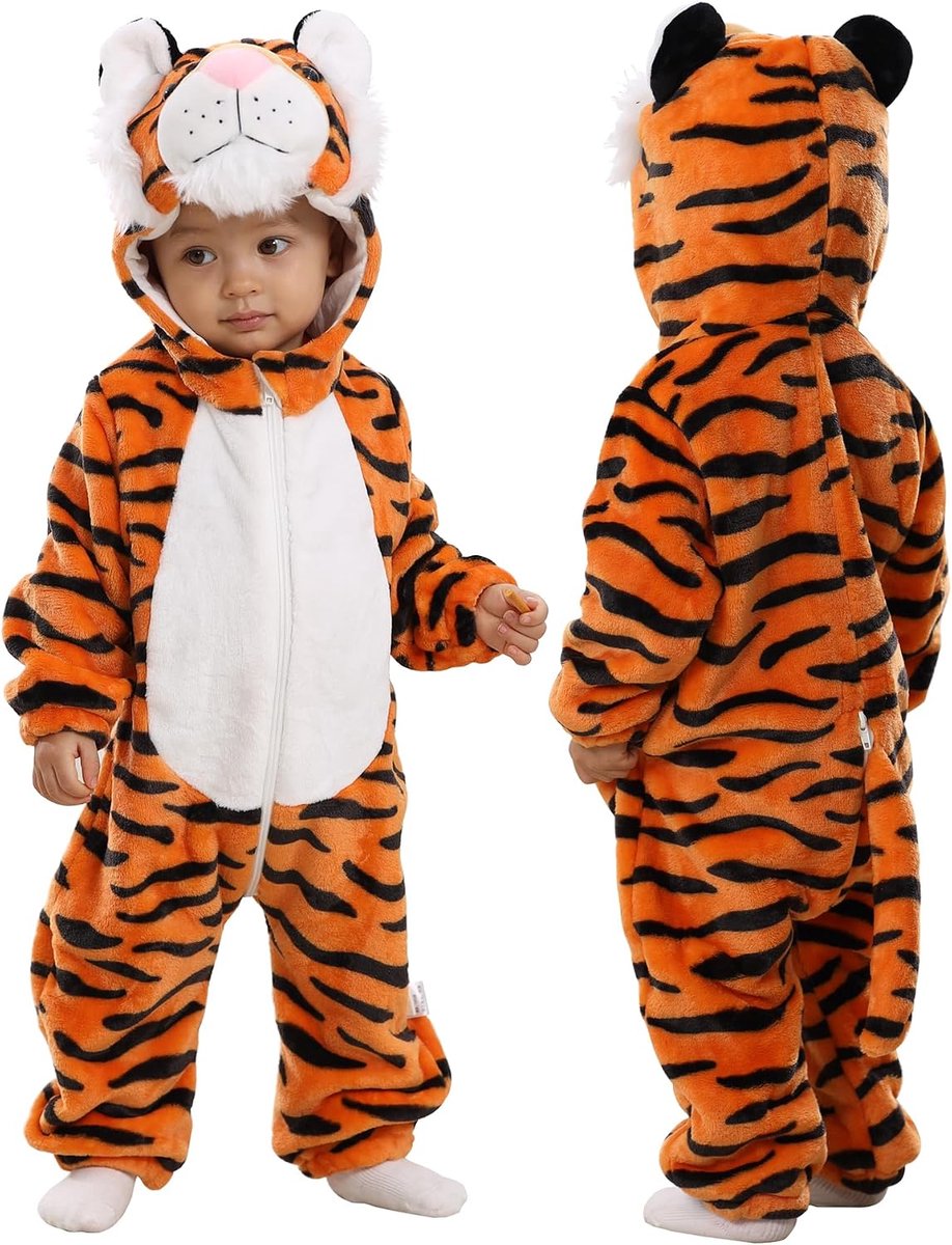 SnelShoppen - Baby Hooded Onesies Cartoon Animal Romper - Flanellen Jumpsuit voor Baby's - Oranje Tijger - 6-12 Maanden - Comfortabele Loungewear voor
