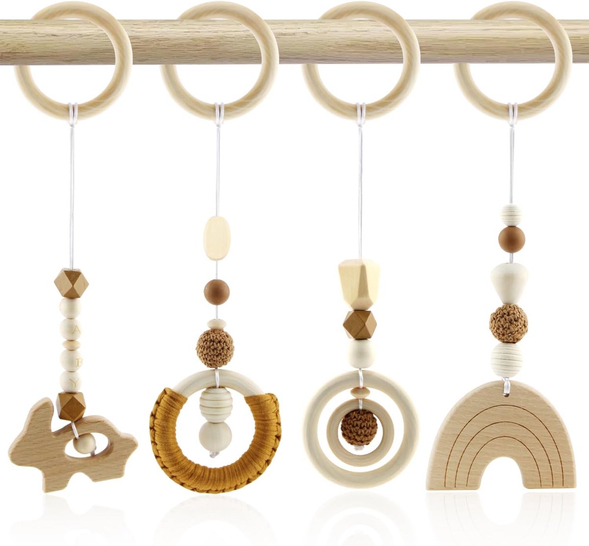 SnelShoppen - Speelboog voor Baby's 0 Maanden, Houten Baby Gym, 4 Stuks, Veilig en Duurzaam, BPA-vrij, Voor Jongens en Meisjes, Babystoel, Kinderwagen