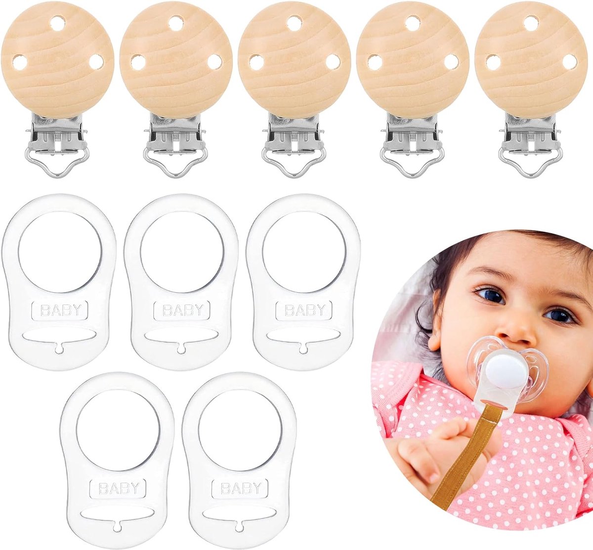 SnelShoppen - Pacifier Clip Set - 5 Siliconen Pacifier Adapters en 5 Houten Clips - Veilig en Handig voor Baby's - Perfect voor Thuis en Op Reis - 10