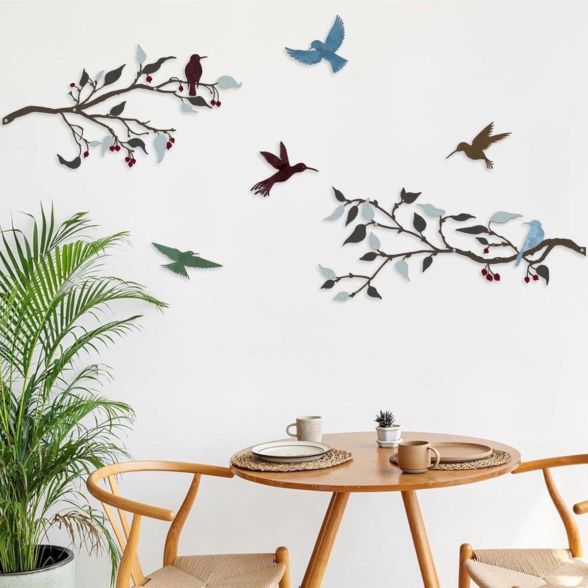 SnelShoppen - Metal Garden Decor - Set van 4 Kleurrijke Vogel Wanddecoratie - Metalen Vogels op Tak - Wandkunst voor Binnen en Buiten - Tuin en Huisde
