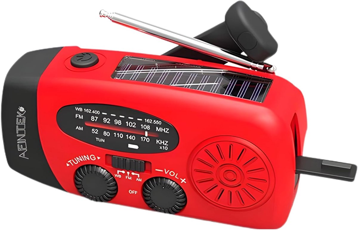 SnelShoppen - Solar Emergency Radio met Dynamo, AM/FM/NOAA Radio, Oplaadbare Noodradio met 2000mAh Power Bank, LED Zaklamp, Rood - Ideaal voor Camping
