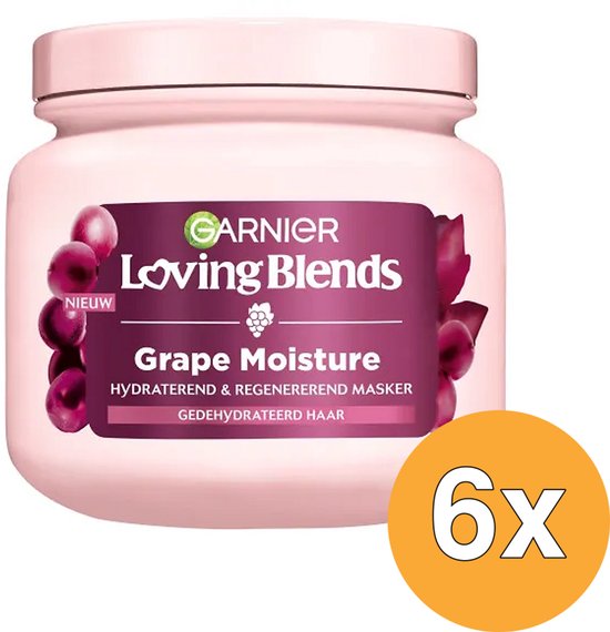 Roze pot Garnier Loving Blends Grape Moisture hydraterend & regenererend masker voor gedehydrateerd haar.