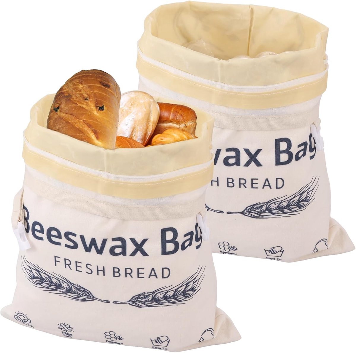 SnelShoppen - 2 Stuks Bijenwas Broodzakken 43x33cm - Linnen Herbruikbare Broodzakken met Afneembare Binnenvoering - Ideaal voor Brood, Baguettes en Ba
