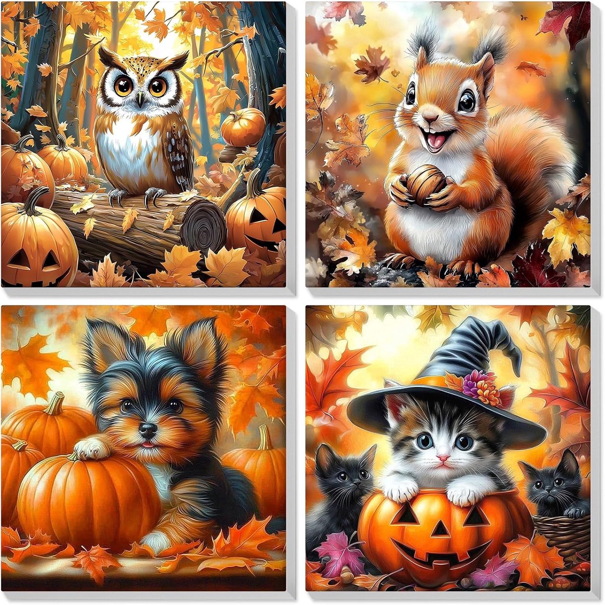 SnelShoppen - 4 Stuks Herfst Schilderen op Nummer Set voor Volwassenen met Houtlijst, DIY Dieren Schilderij met Kwasten en Acrylverf - Creatieve Wandd