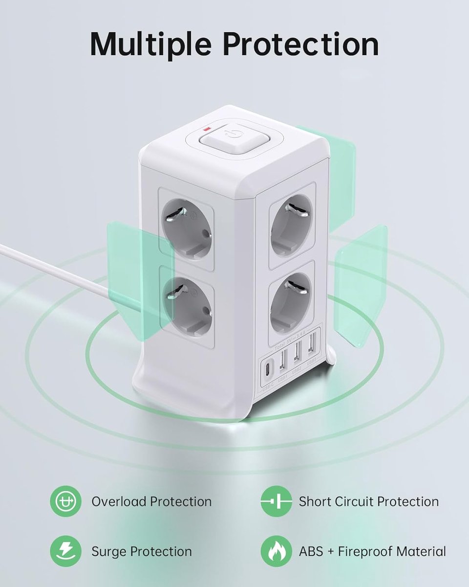 SnelShoppen - 5M Tower Power Strip met 8 AC Sockets en 4 USB Poorten - Verticaal, Voor Thuis, Kantoor, en Computer Bureau - Wit, Met Schakelaar en Ove