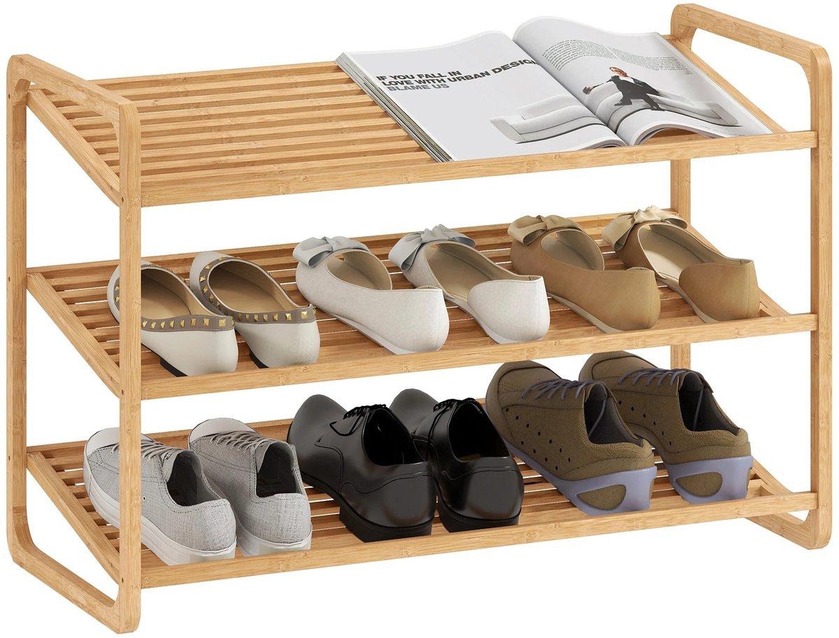 Noventra - Schoenenrek - Bamboe Schoenenrek - Schoenenkast - Schoenen Opbergrek - Schoenenrek 3 Laags - Opbergrek voor 9-12 Paar Schoenen - Natuurlijk Bamboe - 76 x 33 x 50,8 cm