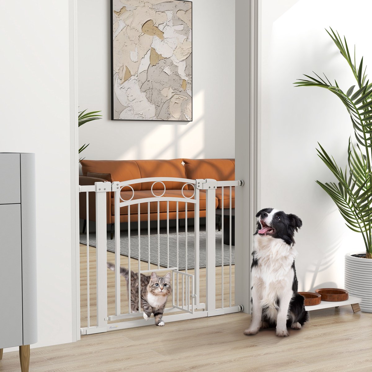 MODENUIT Hondenhek – Verstelbare Breedte 76-104 cm – 77 cm Hoog – Metaal – Wit – Met Kattendeur