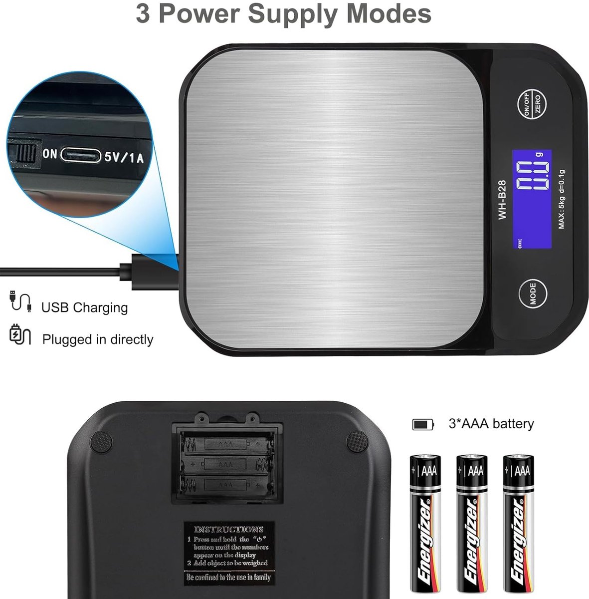 SnelShoppen - Digitale Keukenweegschaal 5 kg/0.1 g, Hoge Precisie RVS, USB Oplaadbaar, IP67 Waterproof, Wit, Perfect voor Koken en Bakken