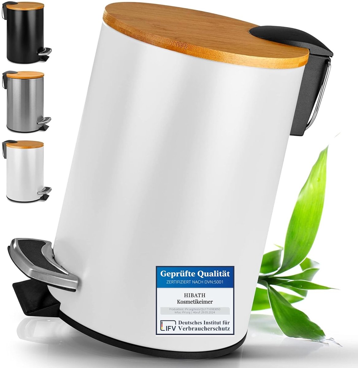 SnelShoppen - Afvalemmer met Bamboe Deksel, Automatisch Sluitende Toilet Afvalbak, 3 Liter Witte Prullenbak voor Badkamer en Toilet, Compact en Hygien