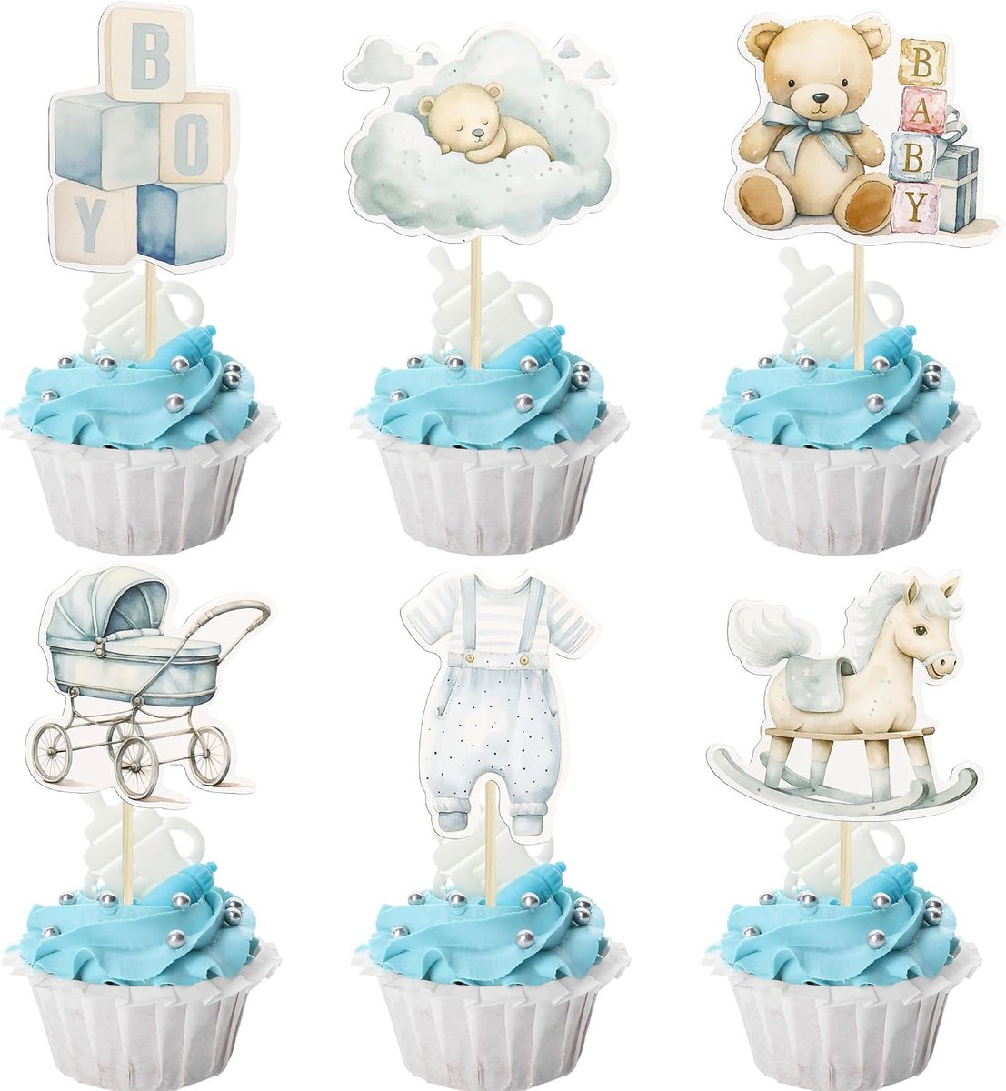 SnelShoppen - 24 Stuks Cupcake Decoratie voor Jongens Baby Shower - Schattige Beer Cupcake Picks voor Verjaardagsfeest, Baby Shower, Feestdecoratie