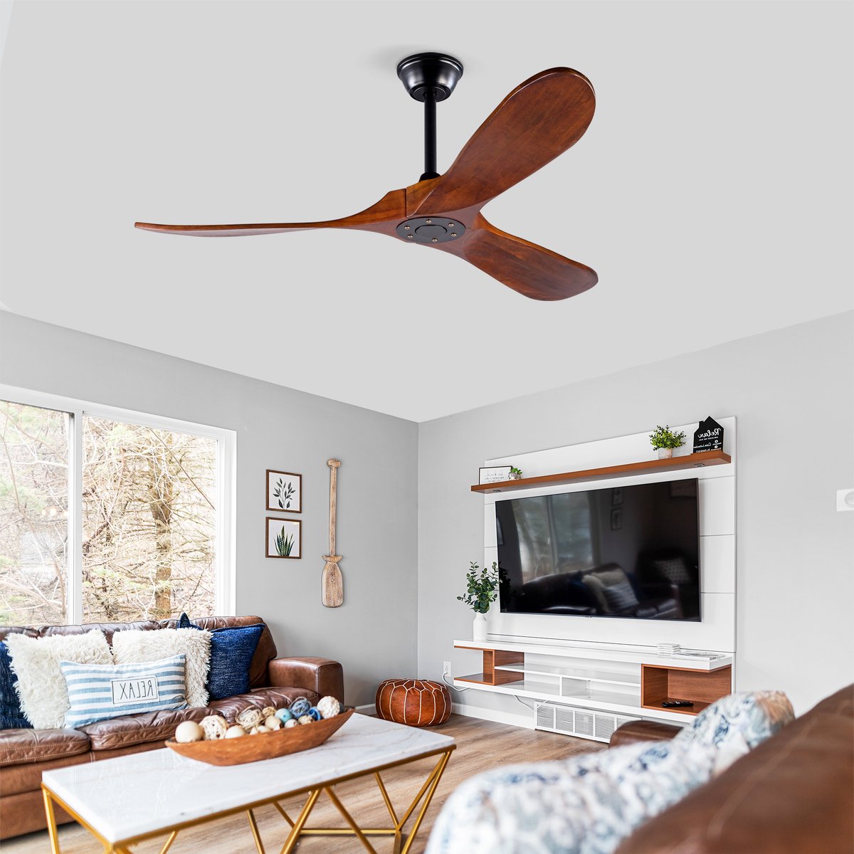 MODENUIT Plafondventilator – 52 Inch – 3 Houten Bladen – Metaal en Hout – Zwart en Donker Walnoot – Met Afstandsbediening