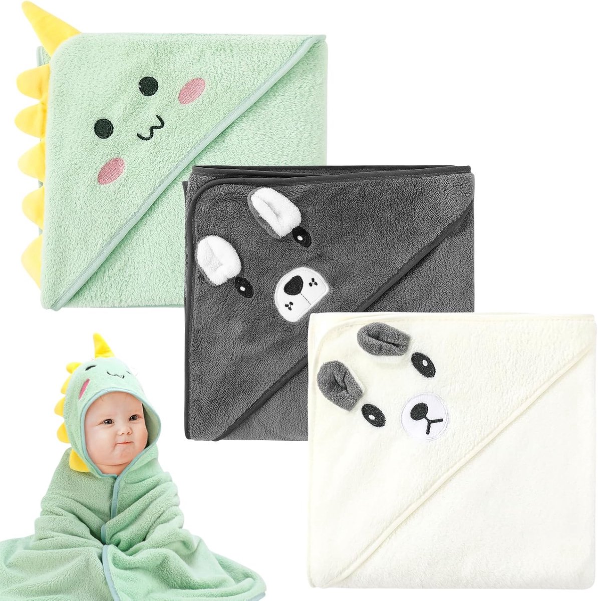 SnelShoppen - Baby Badhanddoek met Kap 3 Stuks Super Absorbent, Hooded Baby Badcape in 3 Motieven, Ideaal voor Pasgeborenen, Zacht en Veilig