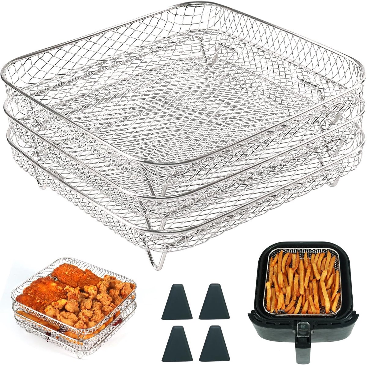 SnelShoppen Air Fryer Racks 3 Laags Stapelbaar 304 RVS Grill Rack voor Airfryer 5L-7.5L Accessoires voor Ninja Instant Cosori en Meer