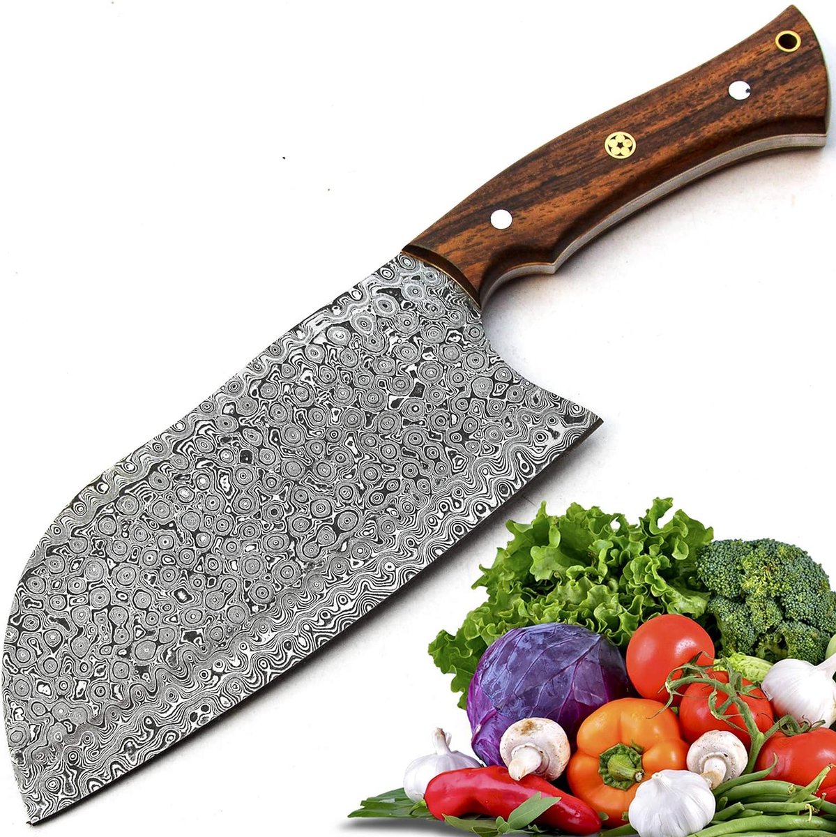 SnelShoppen - Chef's Mes - Handgemaakt Damascus Staal - 12 cm Totale Lengte - Vol van Smaak - Inclusief Leren Hoes - Perfect voor Keuken en BBQ