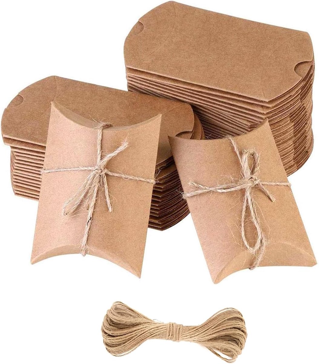 SnelShoppen - 100 Vintage Brown Kraft Papieren Cadeau Dozen in Kussenvorm voor Sweets, Trouwen, Kerst, Kleine Cadeaus met 100 Jute Touwen