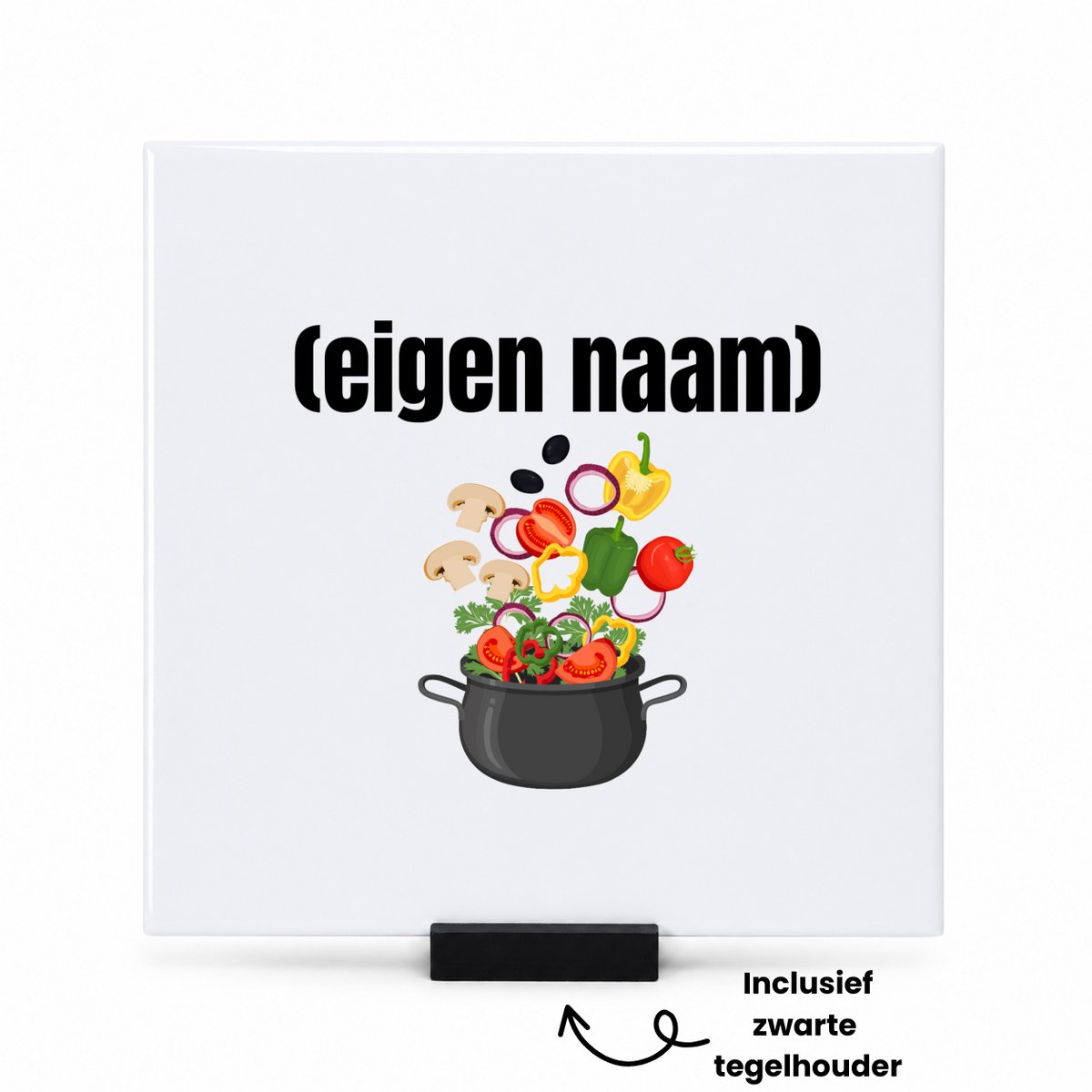 Hacebo Pan met groenten tegeltje met tegelhouder - Kok - iemand die goed kan koken - tegeltjes met tekst - met eigen naam - leuk cadeau voor iemand die chefkok is - cadeau - kado - spreuktegels - 15x15 CM Wit