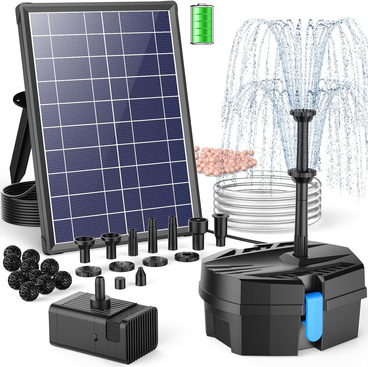 SnelShoppen - Solar Vijverfilter met Fontein, 8W Zonne-energie, 3600 mAh Accu, 8 Spray Modi, Ideaal voor Tuinvijvers, Vogelbaden en Waterdecoraties