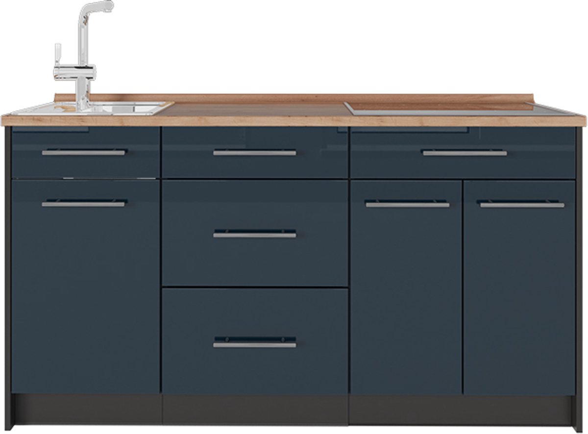 Vicco Keukenblok Fame-Line, Donkerblauw hoogglans, 150 cm, WB Eik