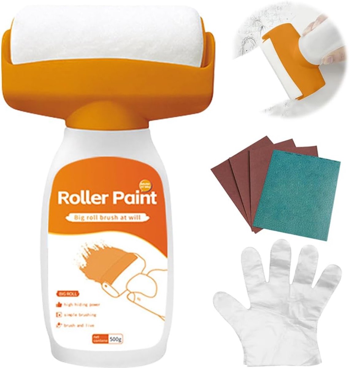 Thijox - 2-in-1 Wall Repair Roller Verf 500g - Muur Reparatie Verfroller met Handschoenen en Schuurpapier - Wit voor Eenvoudige Muurherstel - Herbruik