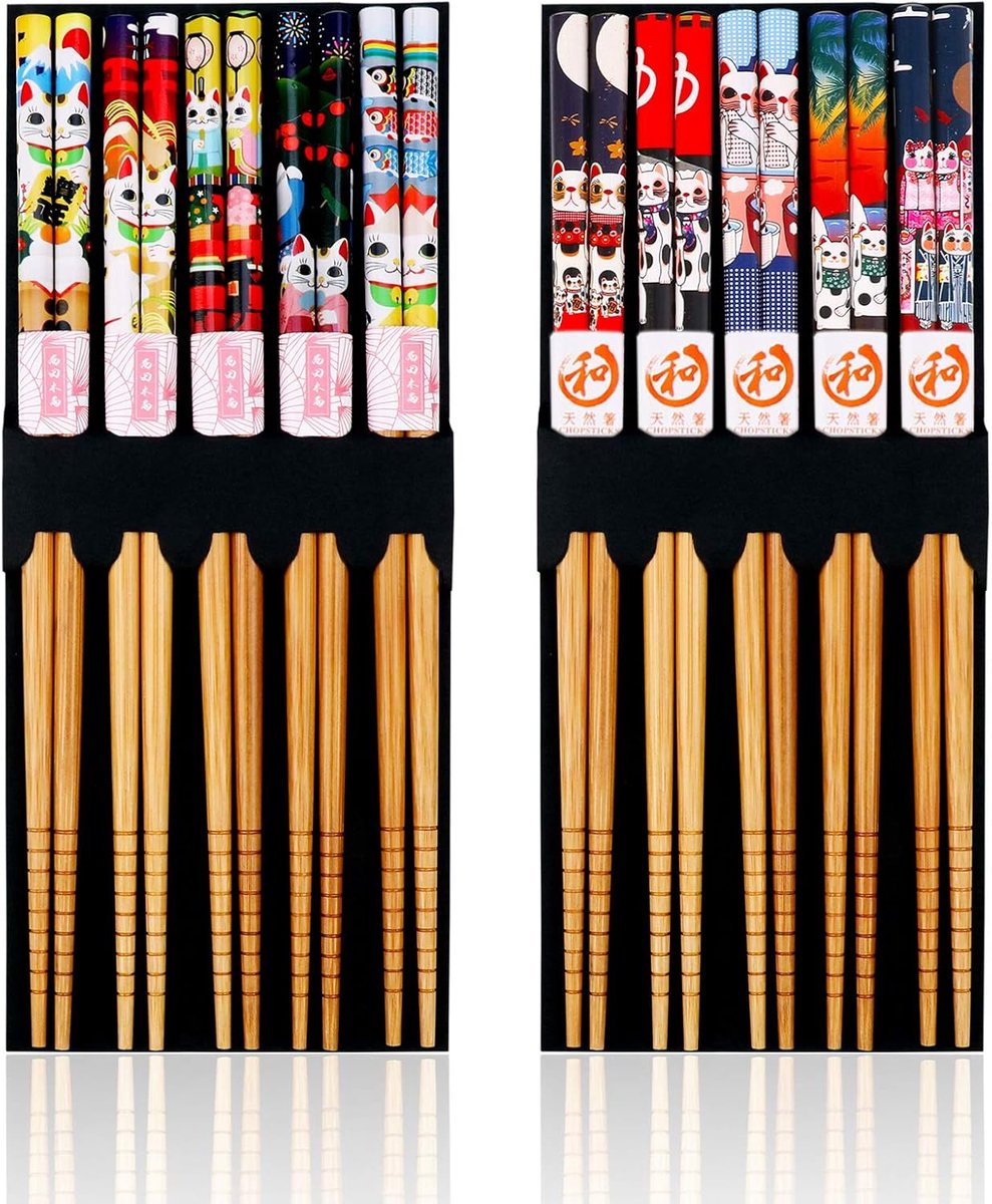SnelShoppen - 10 Paar Milieuvriendelijke Bamboe Eetstokjes - Wasbaar voor Vaatwasser - Kleurige Set voor Sushi, Noodles en Ramen - Perfect voor Aziati